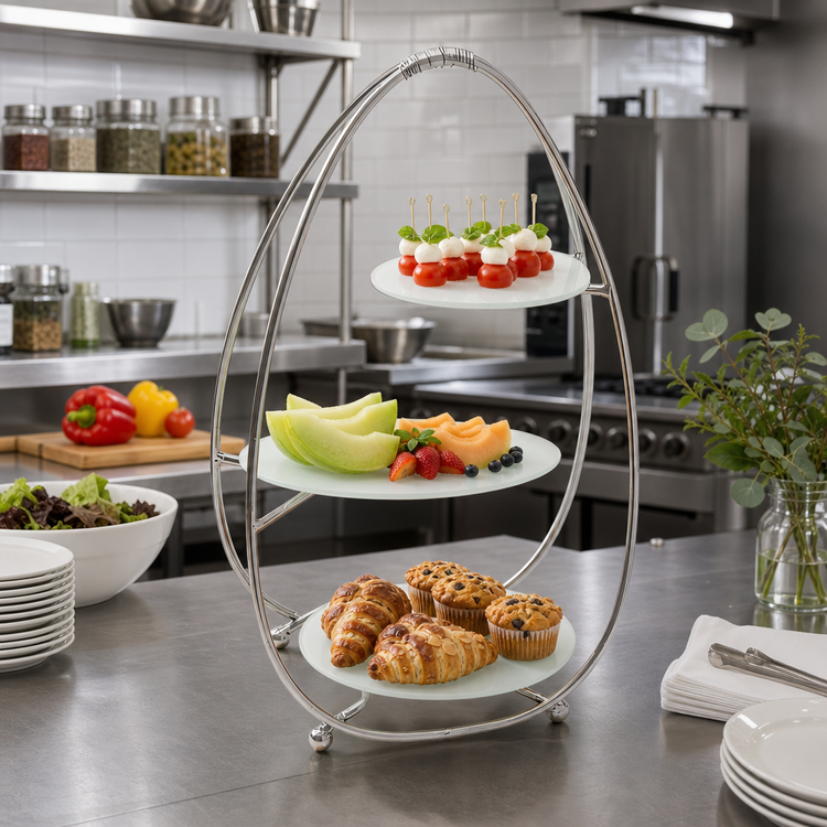 Product image #2 for American Metalcraft Oval Three-Tier Buffet Stand with Frosted Glass Plates, Silver Finish