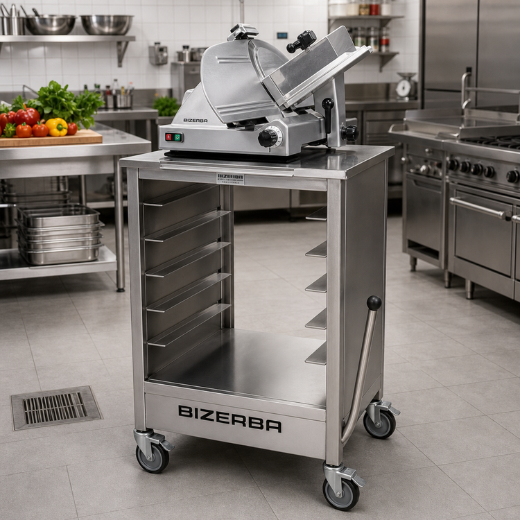 Product image #2 for Bizerba Heavy-Duty Mobile Stainless Steel Slicer Equipment Stand with Undershelf and Retractable Casters