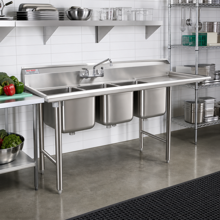 Product image #2 for Eagle Group 414 Series Three-Compartment Sink with Right-Hand 18-Inch Drainboard, 24" x 24" Bowls