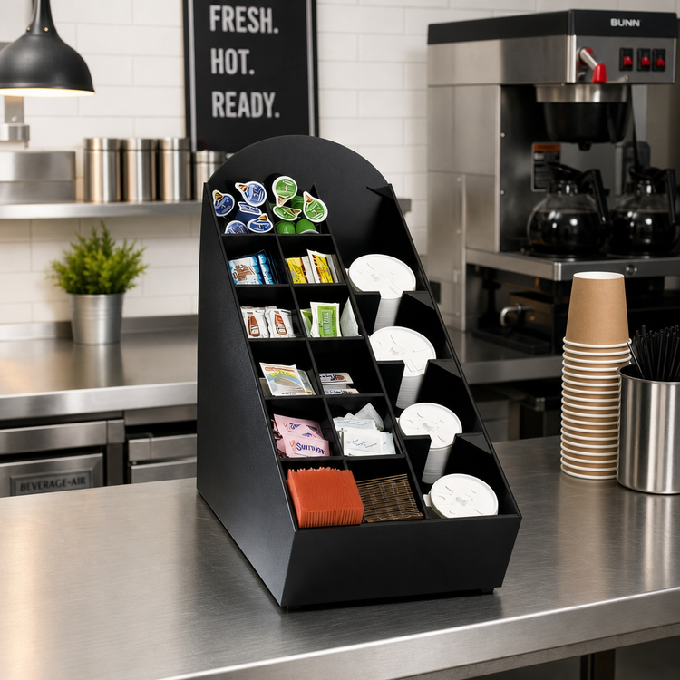 Product image #2 for Dispense-Rite Countertop Black Polystyrene Lid, Straw & Condiment Organizer