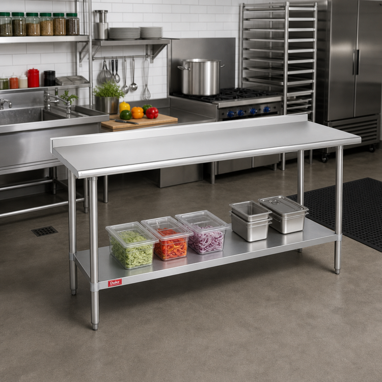Product image #2 for Duke Deluxe 48-Inch x 24-Inch 16-Gauge 300 Series Stainless Steel Work Table with 1-1/8-Inch Straight Riser