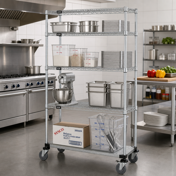 Product image #2 for Quantum 4-Shelf Mobile Wire Shelving Cart, 60"W x 24"D x 69"H, Chrome Plated