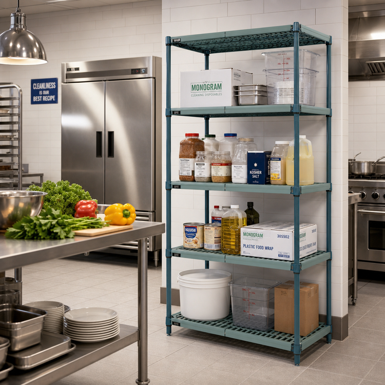 Product image #2 for Quantum 4-Tier Stationary Wire Shelving Unit with Plastic Mats, 42 x 14 x 86 Inches, Green Epoxy Coated