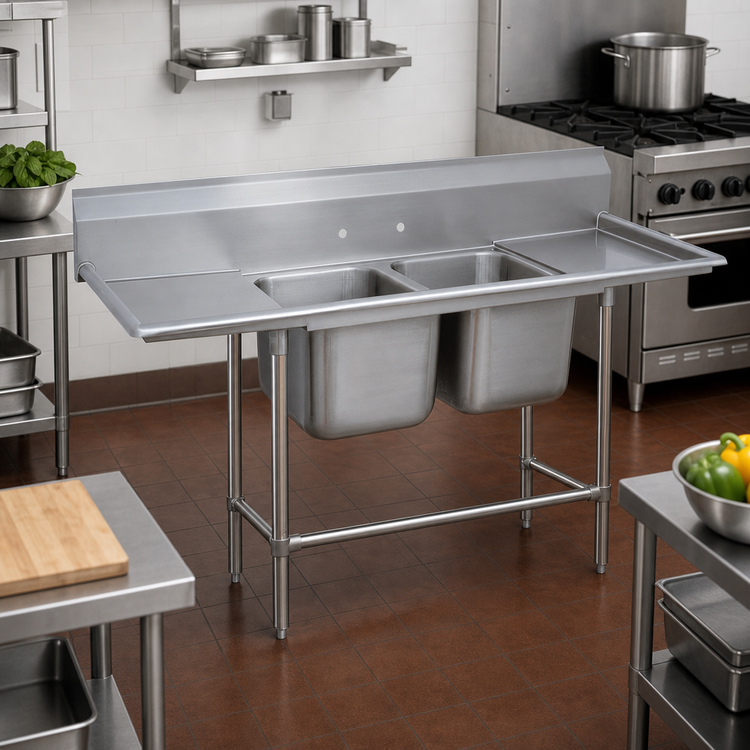 Product image #2 for Advance Tabco Regaline 2-Compartment Sink with Left and Right Drainboards, 20 x 20 Compartments, 14-Gauge 304 Stainless Steel