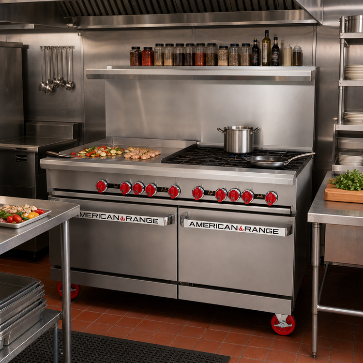 Product image #2 for American Range 48-Inch Gas Restaurant Range with Left 36-Inch Griddle, 2 Open Burners, and 2 Storage Bases