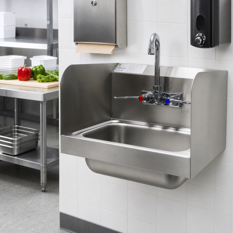 Product image #2 for Advance Tabco Wall-Mounted Hand Sink with Included Faucet and Wrist Blades, 14" x 10" x 5" Bowl