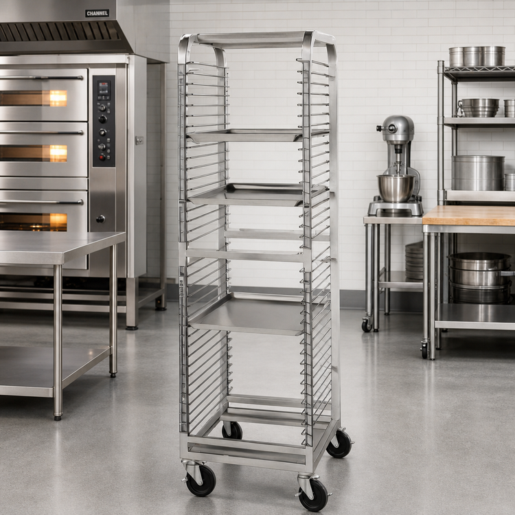 Product image #2 for Channel Manufacturing Stainless Steel End-Load Bun Pan Rack with Wire Slides and 5-Inch Casters, 36-Pan Capacity