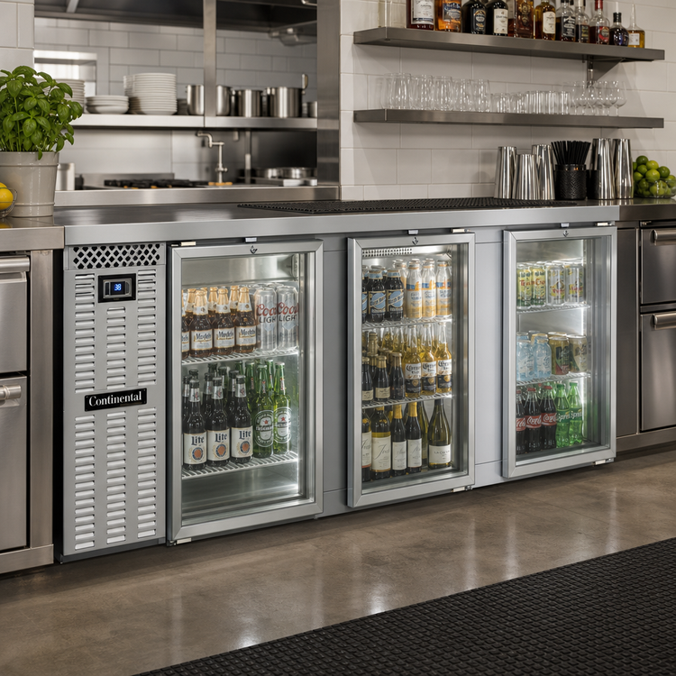Product image #2 for Continental Refrigerator BB90SNSSGDPT 90" Shallow Depth Pass-Thru Refrigerated Back Bar Cooler with Glass Doors