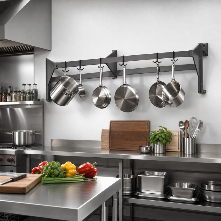 Product image #2 for Eagle Group 60-Inch Wall Mounted Double-Bar Aluminum Pot Rack with 10 Double-Pronged Hooks