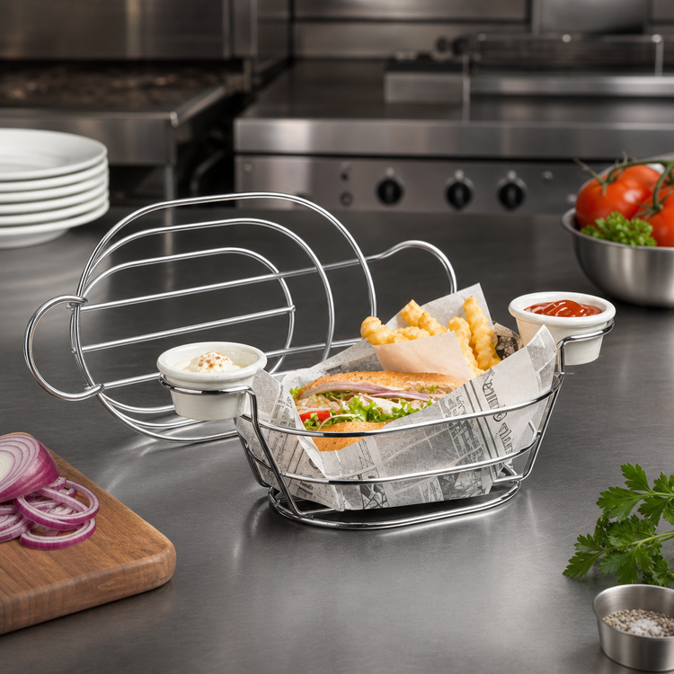 Product image #2 for American Metalcraft Oval Chrome Wire Serving Basket with Built-In Ramekin Holders