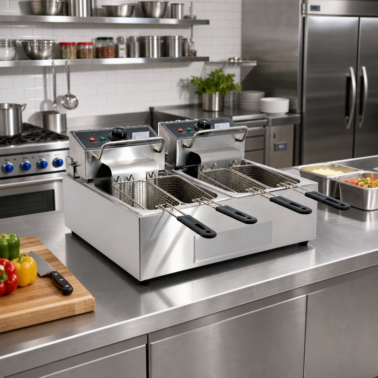 Product image #2 for Omcan USA CE-CN-0012 Double Countertop Electric Fryer with 2 Fry Pots, 12 lb. Capacity Each