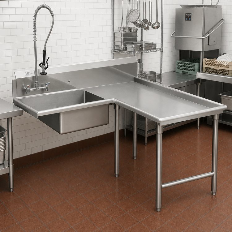 Product image #2 for John Boos Pro-Bowl L-Shaped Island Soiled Dishtable with Pre-Rinse Sink Bowl, 60" Machine-to-Corner x 48" Corner-to-End, Right-to-Left