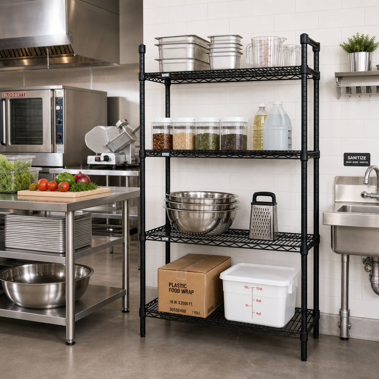 Product image #2 for Quantum Stationary 4-Shelf Wire Shelving Starter Kit, 30"W x 14"D x 63"H, Black Epoxy Antimicrobial Finish