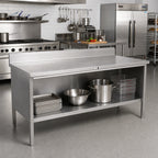 Thumbnail image #2 for John Boos EBOS4R5-30132 Stainless Steel Open Front Work Table, 132 x 30 Inches, 14-Gauge 300 Series Top, 5-Inch Backsplash