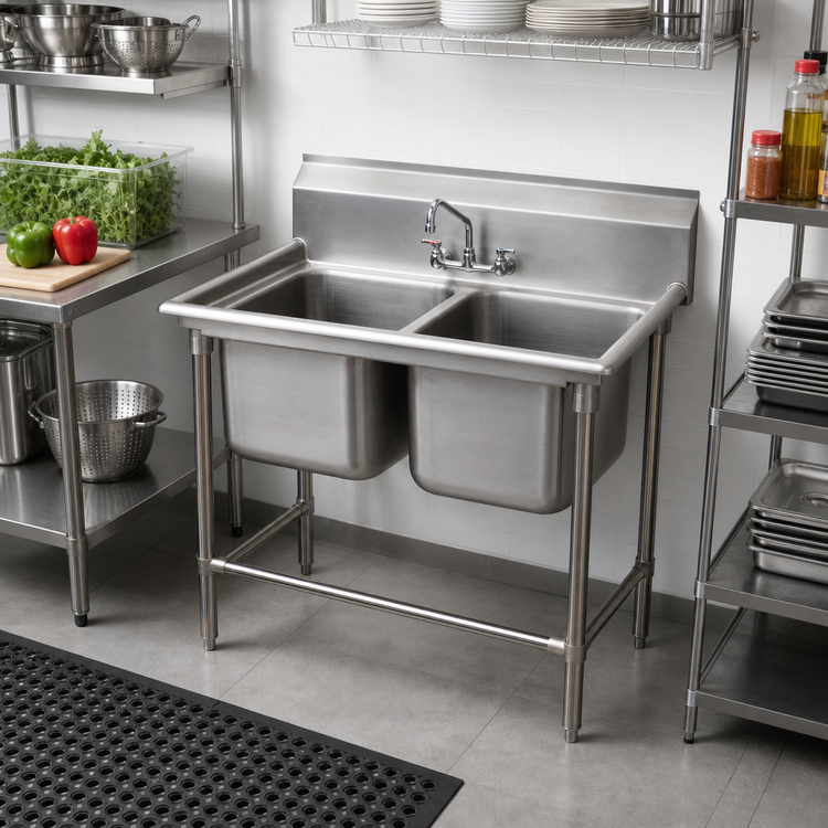 Product image #2 for Advance Tabco Regaline 2-Compartment Stainless Steel Sink with 20 x 28 Inch Bowls and 11 Inch Splash