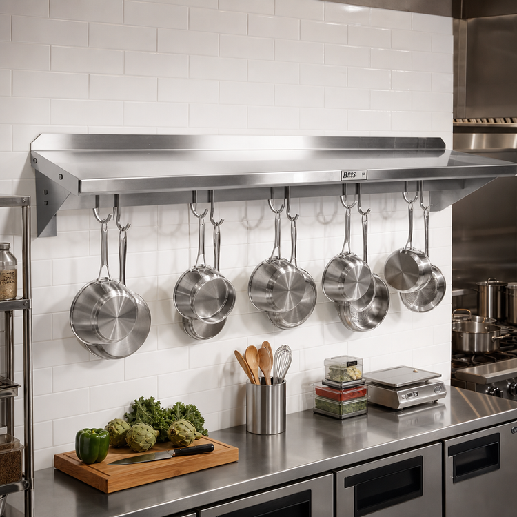Product image #2 for John Boos Stallion Wall-Mounted Pot Rack Shelf with 8 Hooks, 96 x 18 x 13 Inch, Stainless Steel