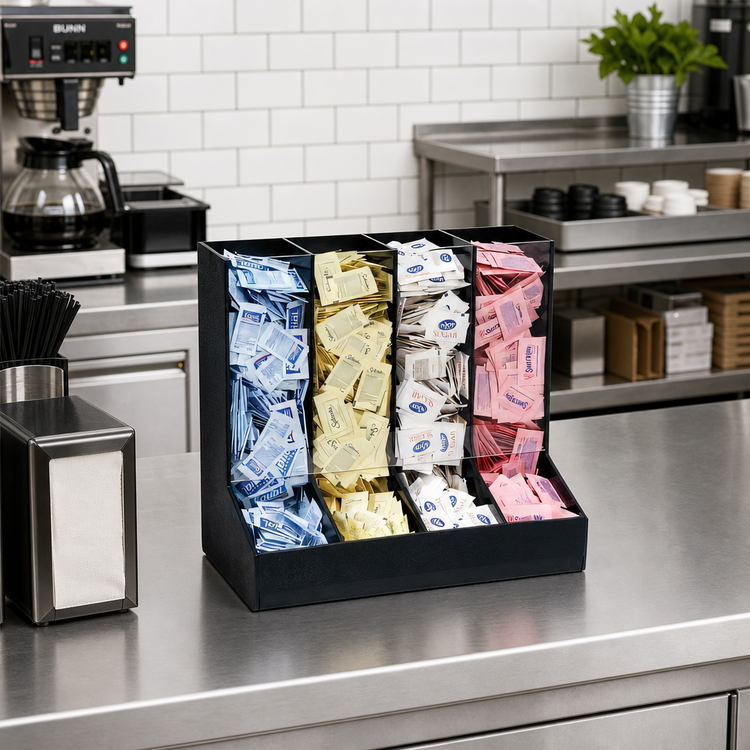 Product image #2 for Dispense-Rite GFBO-4BT 4-Section Black Polystyrene Packeted Condiment Organizer
