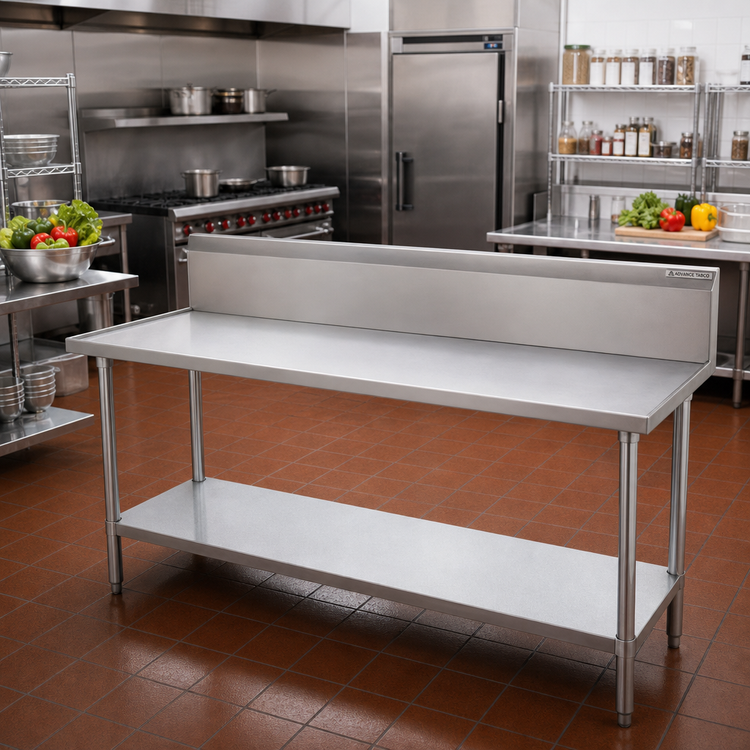 Product image #2 for Advance Tabco VKG-369 108 Inch 14 Gauge 304 Stainless Steel Work Table with 10 Inch Backsplash and Galvanized Undershelf
