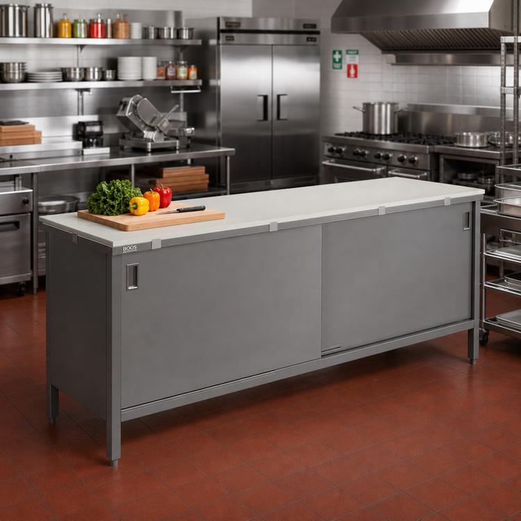 Product image #2 for John Boos 108-Inch x 30-Inch Enclosed Base Poly Top Work Table with Sliding Doors