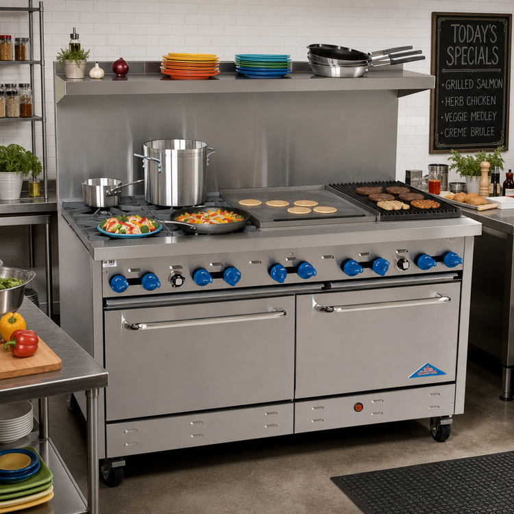 Product image #2 for Comstock-Castle 60-Inch Commercial Gas Range with 2 Star Burners, 24-Inch Griddle, 24-Inch Char-Broiler, and 2 Standard Ovens