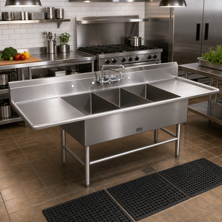 Product image #2 for John Boos Pro-Bowl Floor Model 3-Compartment Stainless Steel Sink with 24" x 24" x 12" Bowls and Dual 30" Drainboards