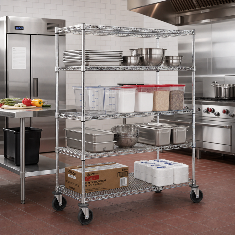 Product image #2 for Metro Super Erecta 4-Shelf Wire Stem Caster Cart, 60"W x 18"D x 69"H, Chrome Plated Posts