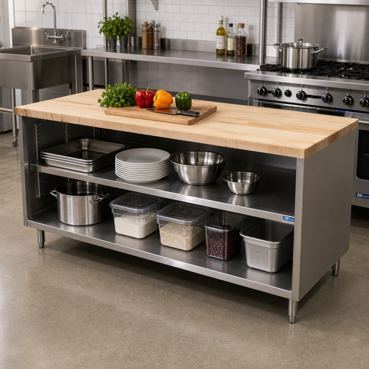 Product image #2 for BK Resources Hard Maple Top Chef Table with Stainless Steel Cabinet Base, Open Front, 72 x 30 Inches