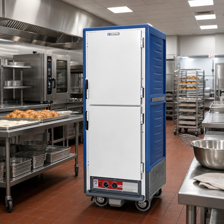 Product image #2 for Metro C5 3 Series Mobile Full Height Moisture Heated Holding & Proofing Cabinet with Blue Insulation Armour, Dutch Solid Doors, Fixed Wire Slides