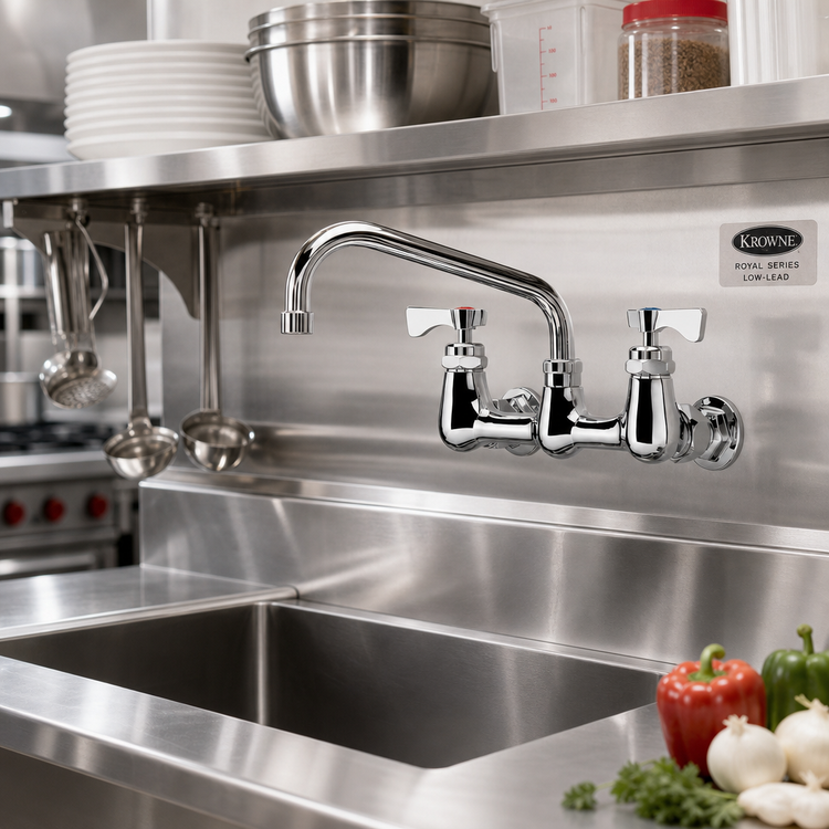Product image #2 for Krowne Royal Series Low-Lead 8-Inch Center Wall Mount Faucet with 8-Inch Swing Spout