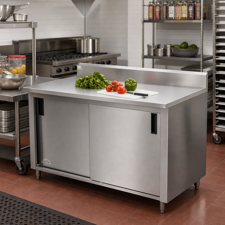 Product image #2 for Advance Tabco Special Value Series Economy Enclosed Work Table with Cabinet Base, Mid-Shelf, Sliding Doors, 84 x 24 Inches, 16 Gauge 304 Stainless Steel Top, 5 Inch Backsplash