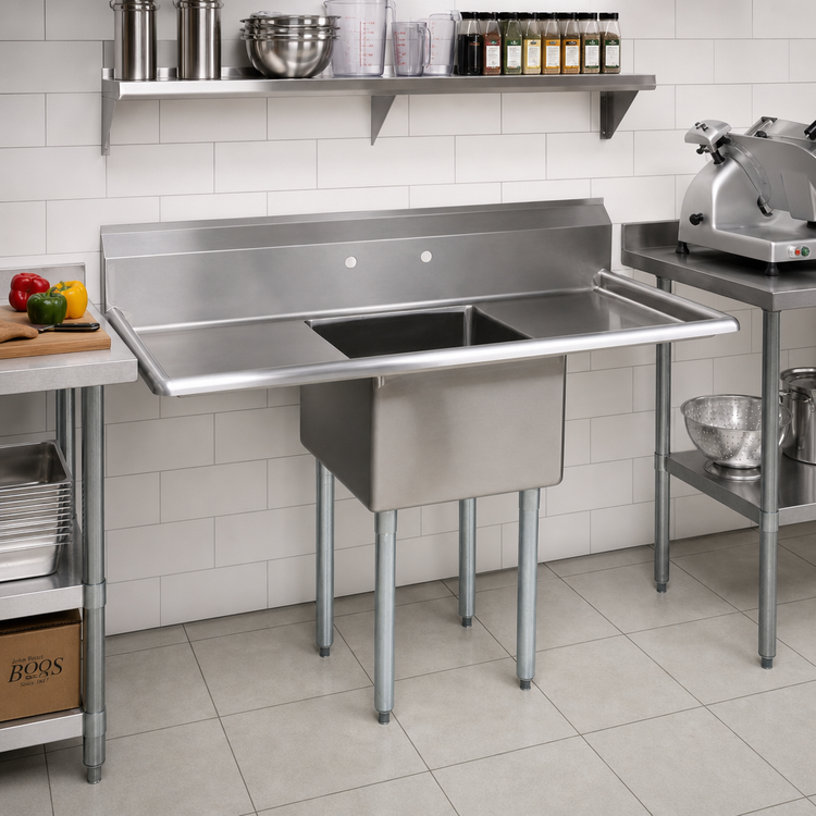 Product image #2 for John Boos E-Series 1-Compartment Sink with Dual Drainboards, 18-Gauge 300 Series Stainless Steel, Galvanized Legs