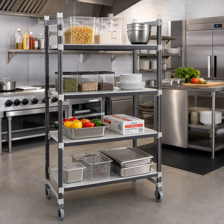 Product image #2 for Cambro Camshelving Elements XTRA High Density Top Rail 4-Shelf Solid Mobile Starter Unit, 18"D x 54"L x 80"H, Speckled Gray
