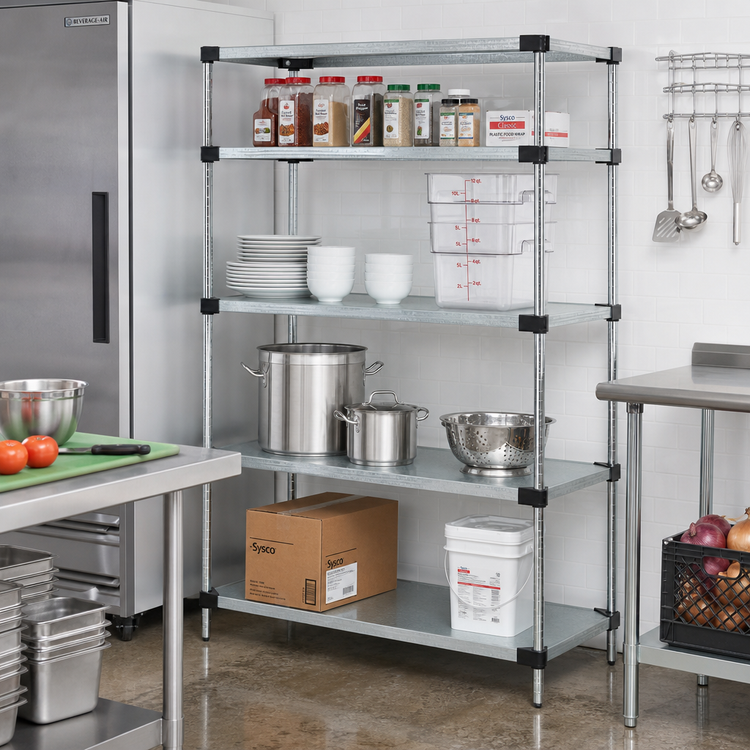 Product image #2 for Quantum Stationary Solid Shelving Starter Kit, 36"W x 18"D x 54"H, 4 Shelves, Galvanized Steel with Chrome Posts