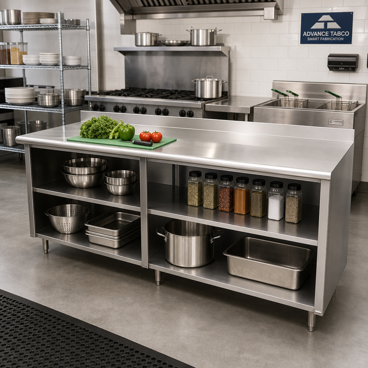 Product image #2 for Advance Tabco Special Value Series 96" x 30" Economy Open Base Work Table with 5" Backsplash and Mid-Shelf