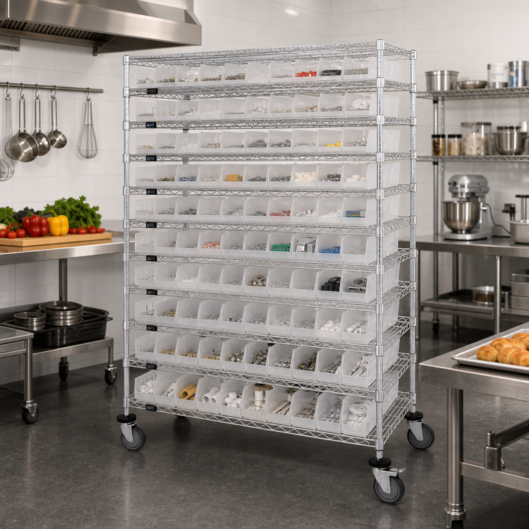 Product image #2 for 48-Inch x 12-Inch x 74-Inch Chrome Plated Stationary Wire Shelving System with 12 Shelves and 110 Bins