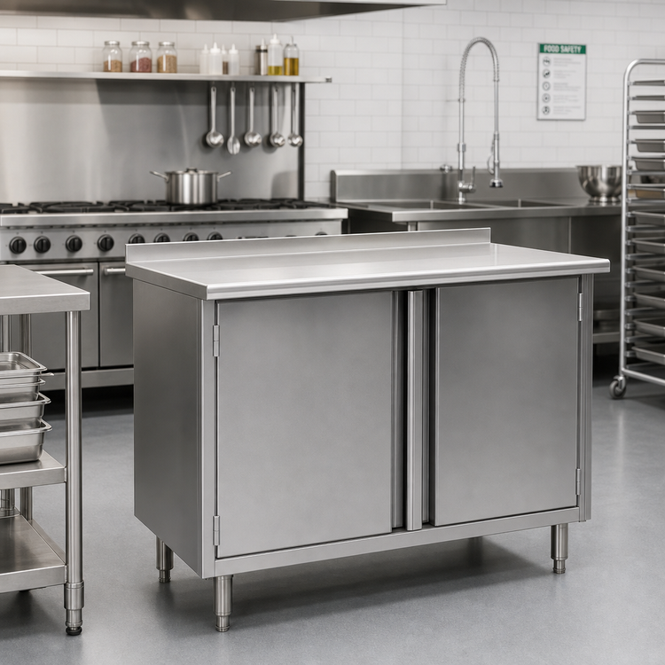 Product image #2 for Eagle Group Spec-Master 72-Inch x 24-Inch Stainless Steel Enclosed Work Table with Cabinet Base and Hinged Doors