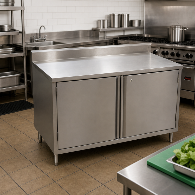 Product image #2 for BK Resources 60-Inch x 24-Inch Enclosed Stainless Steel Work Table with Cabinet Base, Hinged Doors, Lock, and 5-Inch Backsplash