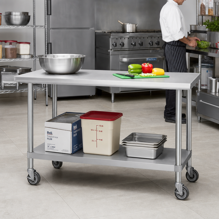 Product image #2 for Advance Tabco Special Value Series Mobile Flat-Top Stainless Steel Work Table with Adjustable Undershelf, 60 x 30 Inches