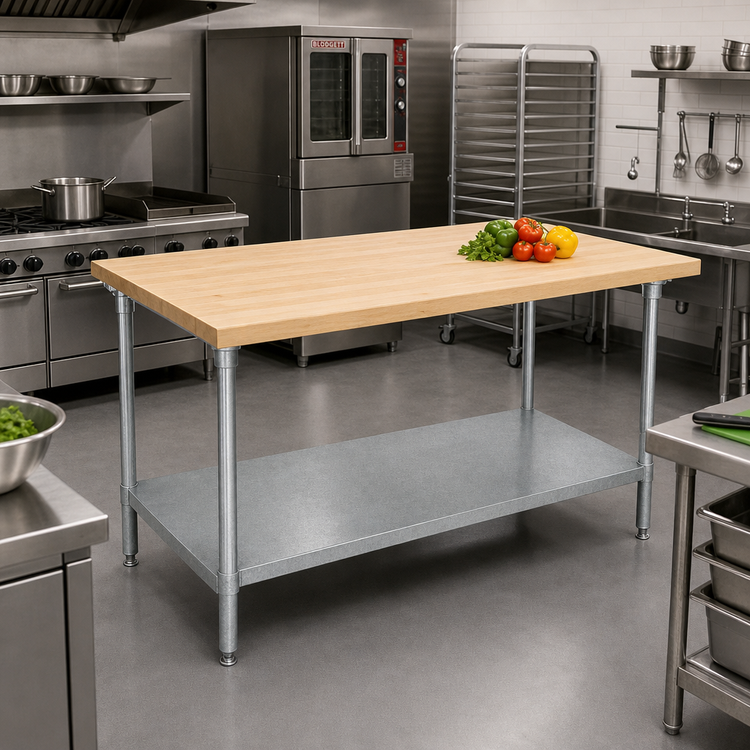 Product image #2 for Advance Tabco 72-Inch x 24-Inch Maple Top Wood Work Table with Adjustable Galvanized Undershelf