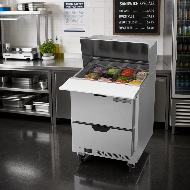 Product image #3 for Beverage-Air SPED27HC-12M-B 27-Inch One-Section Mega Top Sandwich Prep Table with 2 Drawers