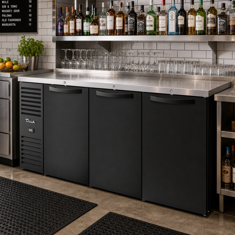 Product image #2 for True Premier Bar 84-Inch Three-Section Refrigerated Back Bar Cooler with Side-Mounted Self-Contained Refrigeration and Solid Locking Doors