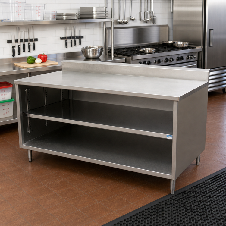 Product image #2 for BK Resources 72-Inch x 36-Inch Stainless Steel Chef Table with Open Front Cabinet Base and 5-Inch Backsplash