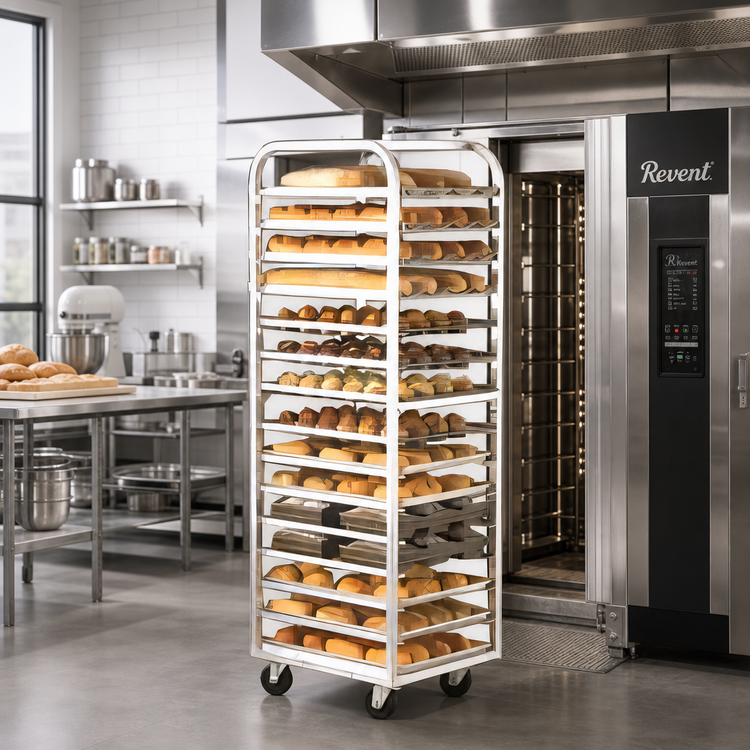 Product image #2 for Adamatic/Revent Roll-In Oven Rack with A-Lift, Single End Load, 15-Pan Capacity