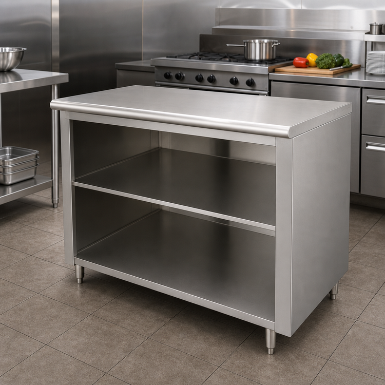 Product image #2 for Advance Tabco 96-Inch W x 24-Inch D Open Front Cabinet Base Work Table with Mid-Shelf, 14 Gauge 304 Stainless Steel Top