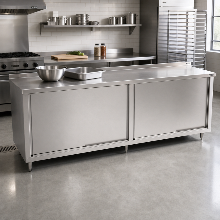Product image #2 for John Boos 96 Inch x 30 Inch Stainless Steel Enclosed Work Table with Sliding Doors