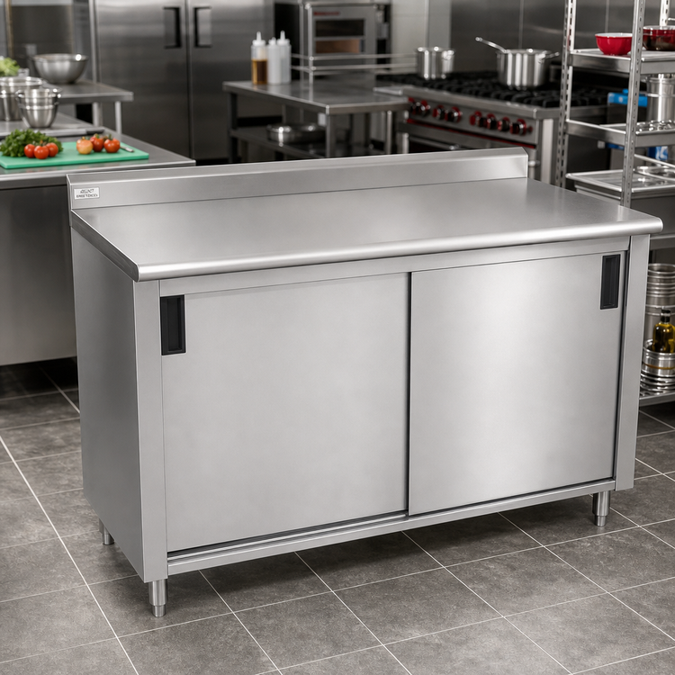 Product image #2 for Advance Tabco 72-Inch x 30-Inch Enclosed Work Table with 14-Gauge 304 Stainless Steel Top, Cabinet Base, Mid-Shelf, Sliding Doors, and 1-1/2-Inch Rear Up-Turn