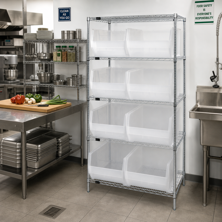 Product image #2 for Quantum Stationary Bin Wire Shelving System, 42 in. W x 24 in. D x 74 in. H, 5 Shelves, 8 Clear Bins