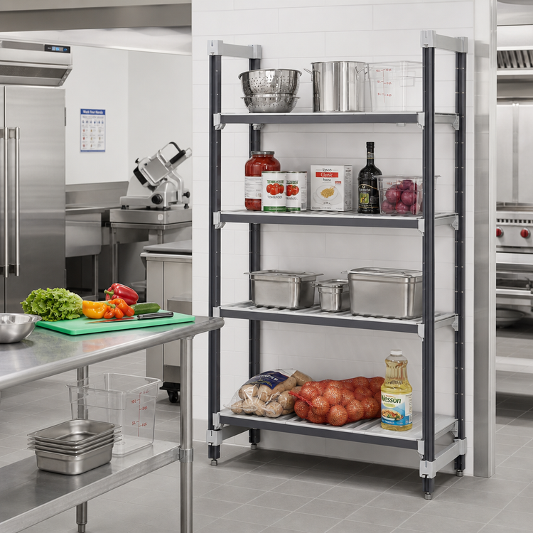 Product image #2 for Cambro Camshelving Elements XTRA 4-Shelf Stationary Starter Unit, 21" x 48" x 84", 3 Vented + 1 Solid, Speckled Gray