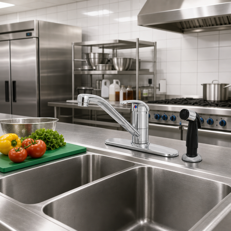 Product image #2 for T&S Brass Single-Lever Deck Mount Manual Faucet with 8-Inch Centers, 9-Inch Swivel Spout, 48-Inch Sidespray, and 1.5 GPM Aerator