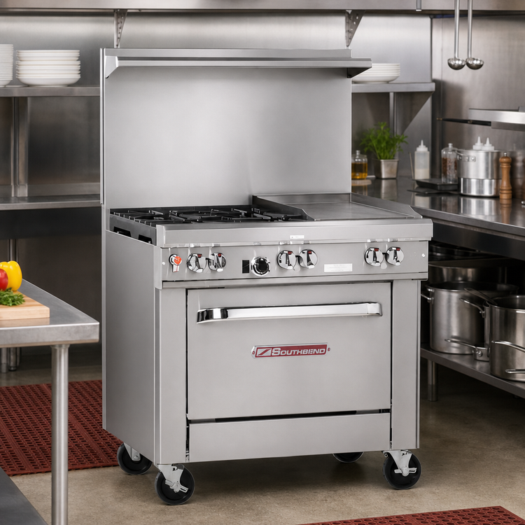 Product image #2 for Southbend Ultimate 36-Inch Commercial Gas Restaurant Range with 4 Open Burners, 12-Inch Griddle and Cabinet Base